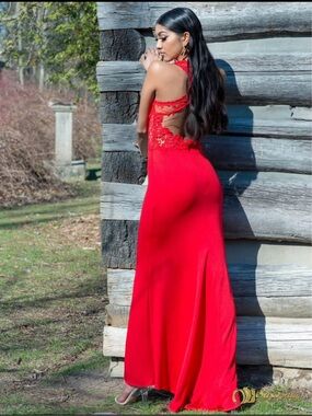 Red Lace-Back Evening Gown - Women's Formal Dress